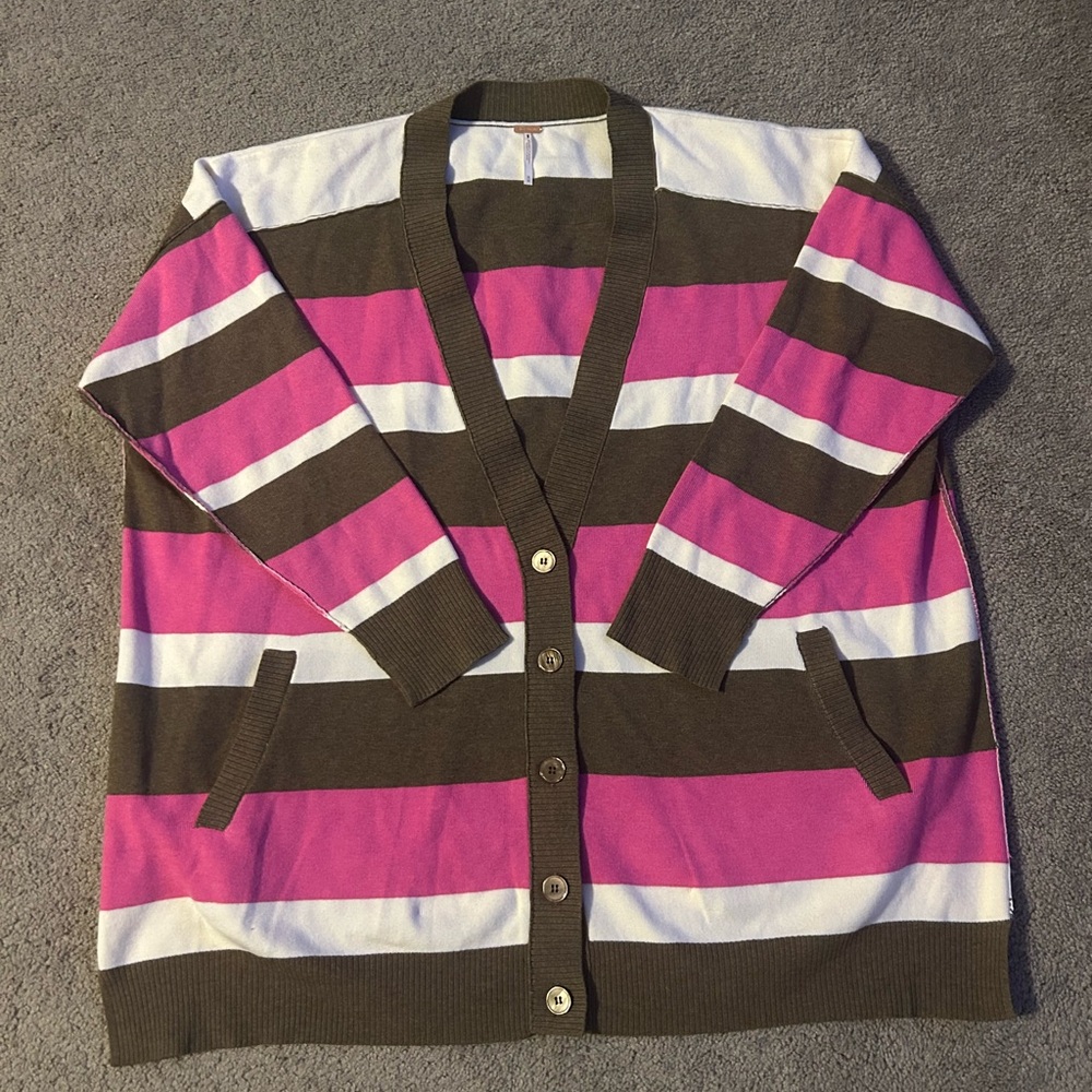 Free People A League of Her Own Striped Cardigan Aurora Pinecone Combo M